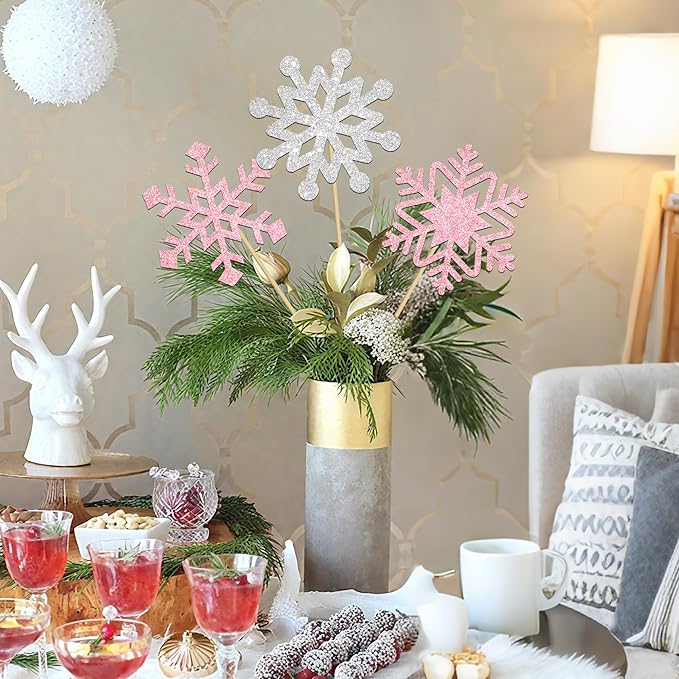 Frozen Party Snowflake Centerpiece Sticks Glitter Winter Wonderland Decorations 12PCS Snowflake Table Topper Centerpieces for Thanksgiving Christmas Birthday Party Supplies