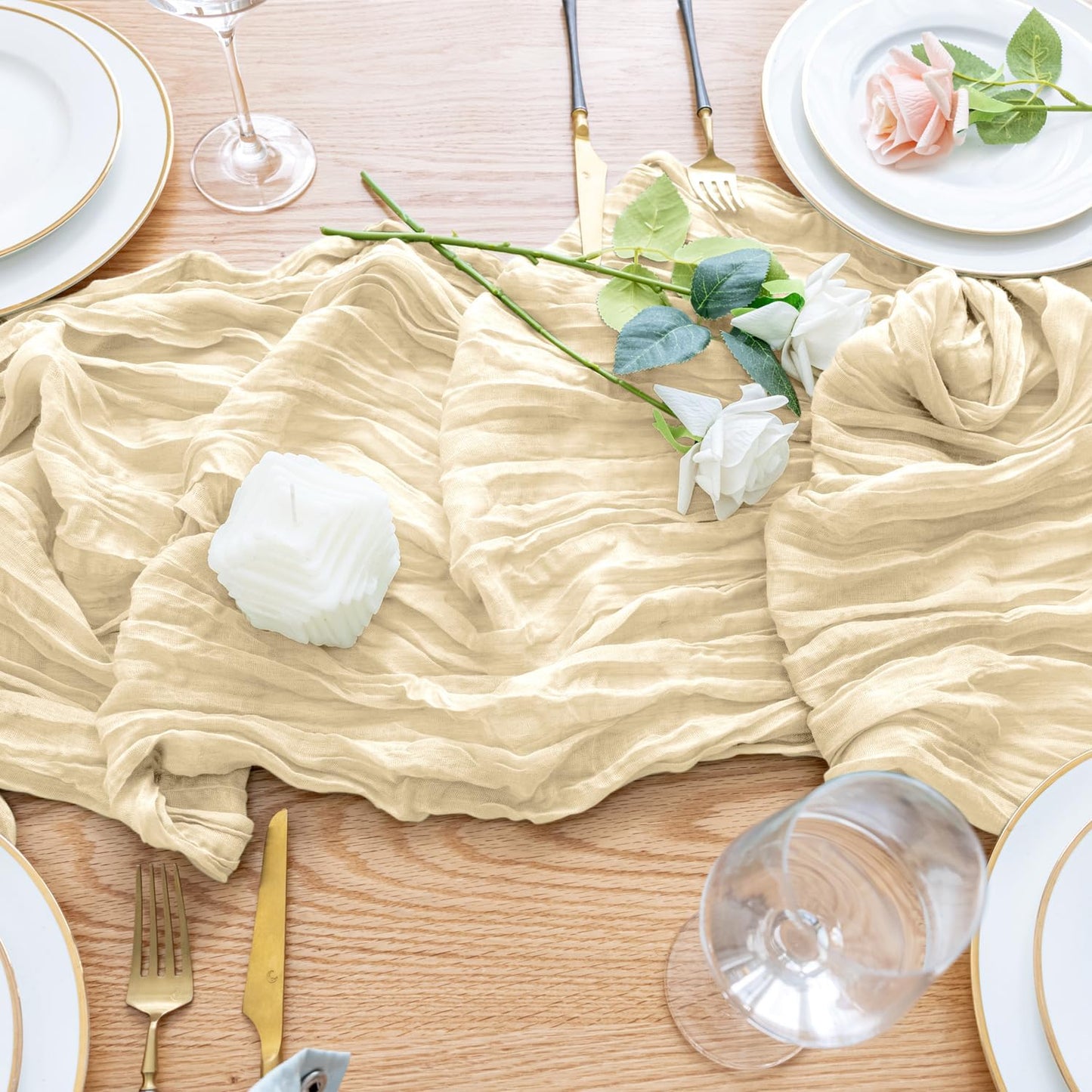 Wokceer Cheesecloth Table Runner Beige 10FT Boho Christmas Gauze Cheese Cloth Table Runner for Party Easter Rustic Sheer Table Runners for Baby Bridal Shower Wedding Table Decor