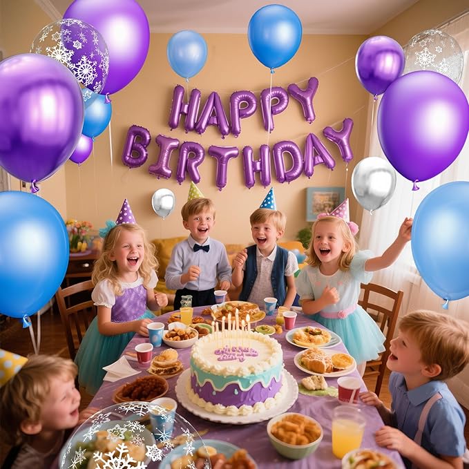 68Pcs Purple and Blue Party Balloons Kit 12 Inch Pearl Light Blue Metallic Purple Silver Snowflake Balloons with Ribbons for Winter Theme Birthday Wedding Girls Party Decorations.