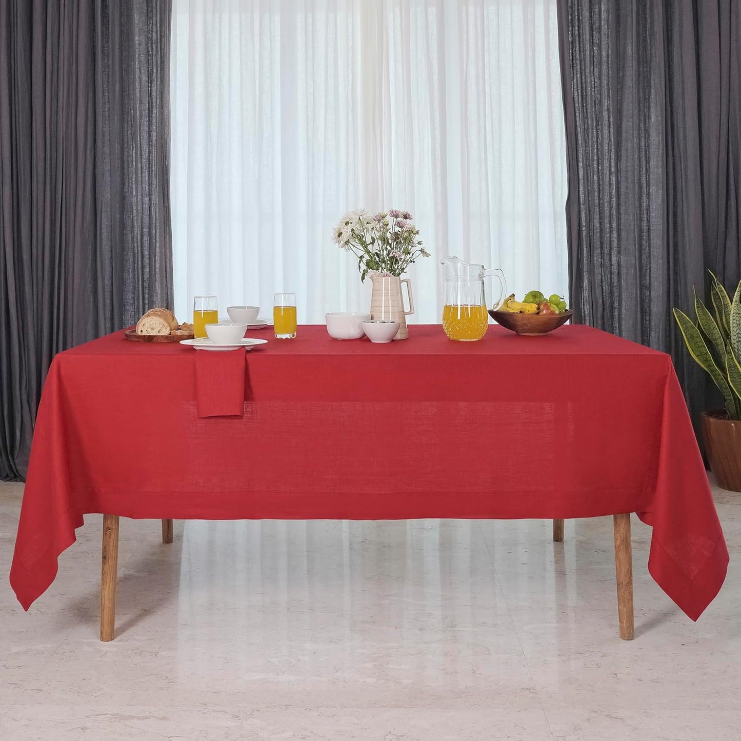 D'Moksha Homes Red Linen Tablecloth 60 x 156 Inch - 100% Pure Linen Tablecloth for Rectangle Tables - Machine Washable Table Cloth for Fall, Autumn and Halloween