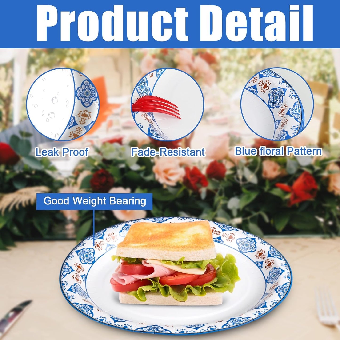 50Pcs Blue Floral Oval Plates 10"x 12", Large Disposable Paper Plates, Heavy Duty Flower Plate Tableware for Family Gathering, Dinner Time, Birthday, Wedding, Holiday Party Serving Supplies