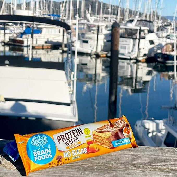 BRAIN FOODS Gluten Free Vegan Caramel Protein Wafers - 12 Bars, No Sugar Added, 8 grams Protein, No Palm Oil, 1.4 oz, 210 Calories, Guilt Free Snack, Natural Caramel Flavoring