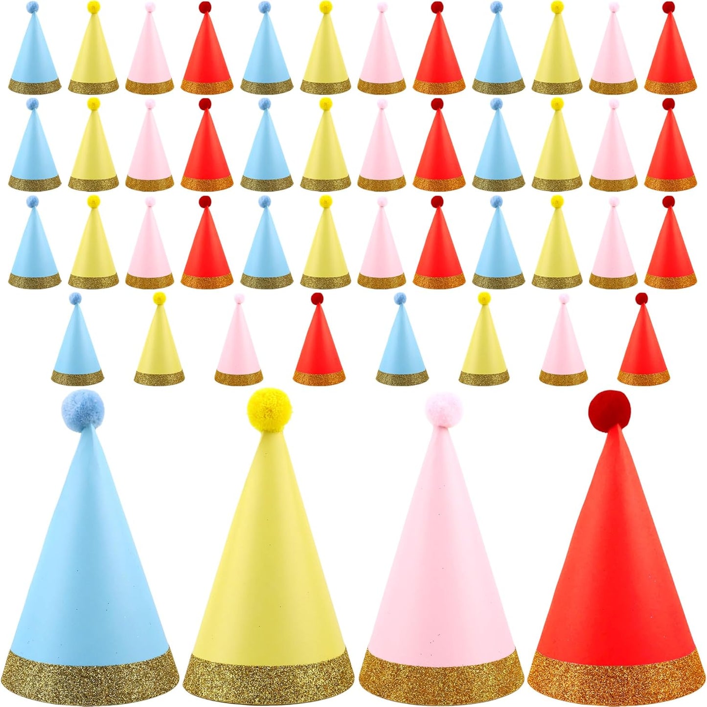 48 Pcs Birthday Party Hats Paper Colorful Cone Party Hats with Pom Poms and Glitter Trim for Kids Adults Birthday Holiday Party Family Gathering Favor Supplies