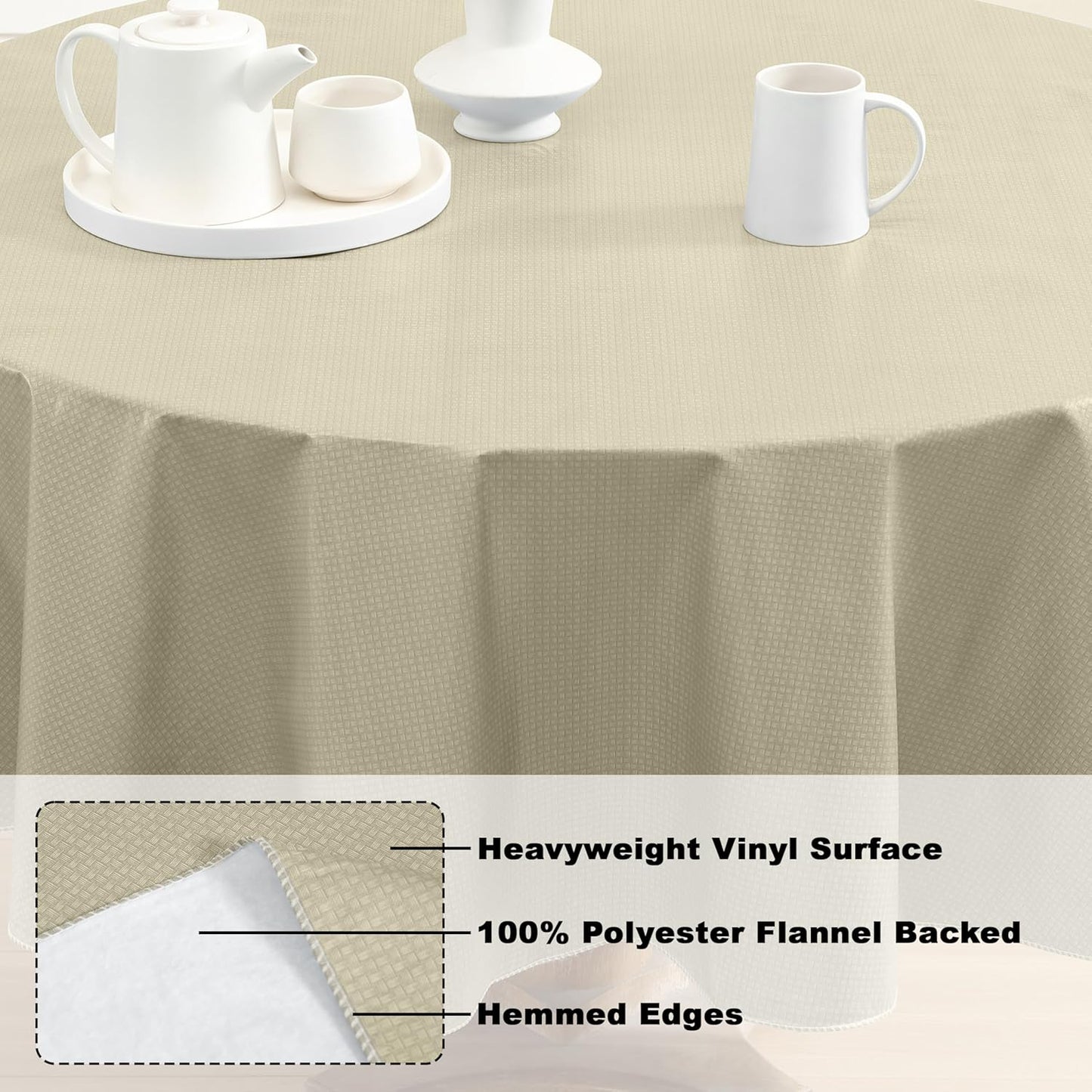 Newbridge Basketweave Vinyl Flannel Backed Tablecloth, 70 Inch Round, Natural, Basket Weave Textured Indoor Outdoor Waterproof Table Cover for Patio, Kitchen, Dining