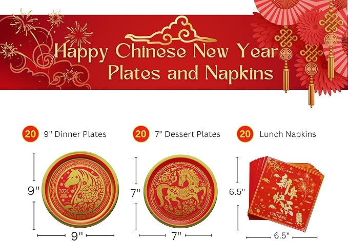 Blue Orchards Chinese New Year Plates and Napkin (2026 Year of the Horse - 60 Pieces for 20 Guests) - Lunar New Year Theme Plates And Napkins, CNY Party Decorations, Gong Xi Fa Cai