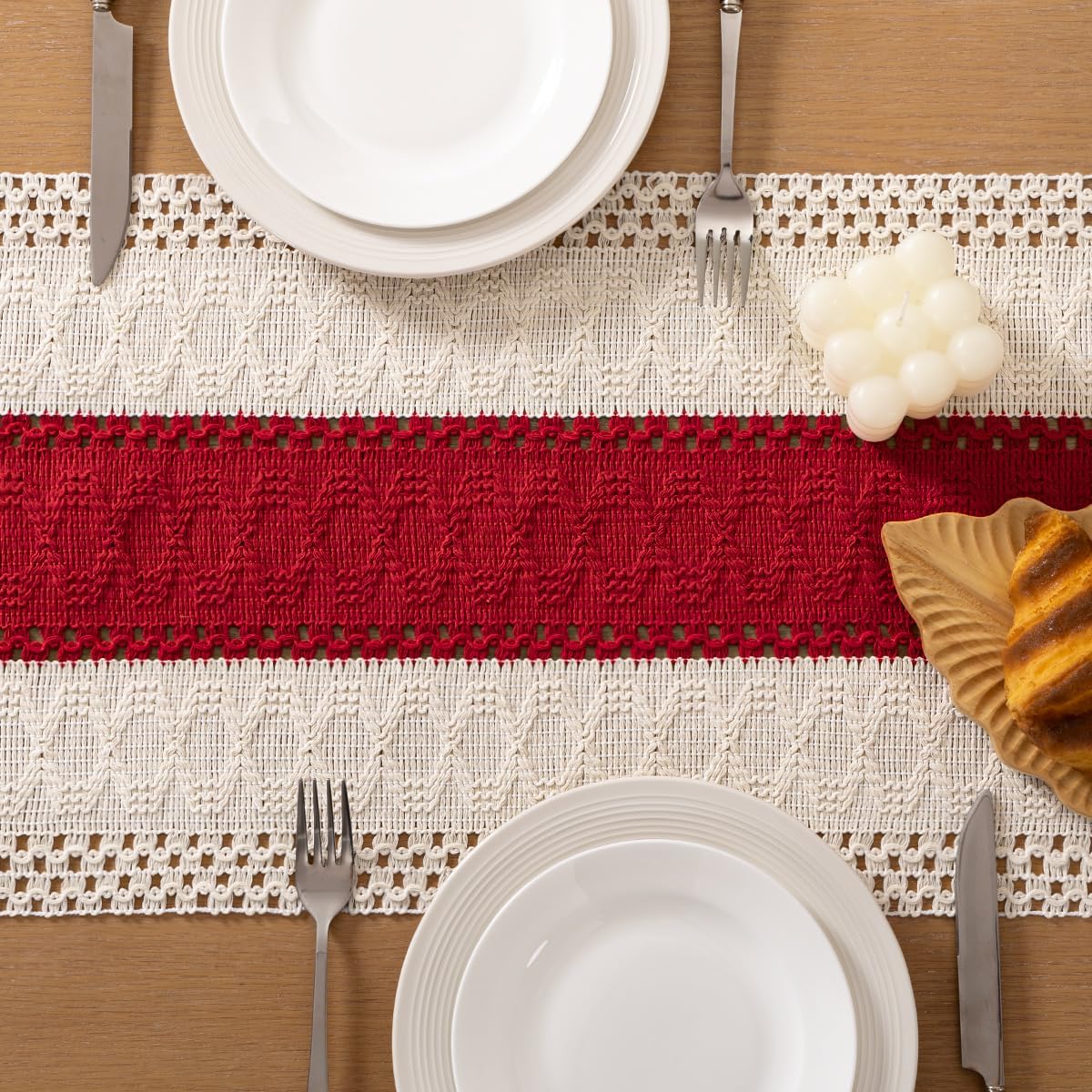 Socomi Boho Table Runner Fall Thanksgiving Farmhouse Rustic Dining Kitchen Centerpiece Decor Small Macrame Woven Cotton Linen Coffee Table Runner for Dresser Scarf Home Decor 12x48 in Red Ivory