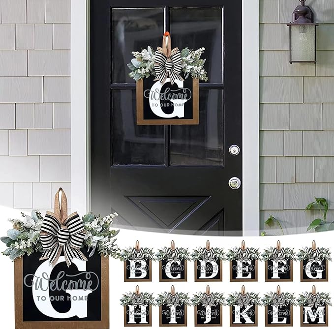 Last Name All Year Round Front Door Wreath with 26 Initial Letter Welcome Sign All Seasons Eucalyptus Garland and Bow ，Farmhouse, Porch, for Spring Summer Fall All Seasons Holiday Halloween Christmas.（G）