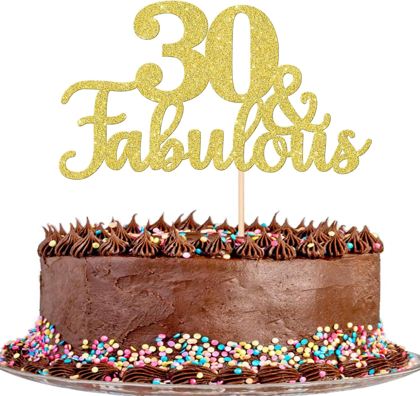 1 PCS 30 & Fabulous Cake Topper Gold Glitter 30th Birthday Anniversary Cake Pick Decoration for 30th Birthday Wedding Anniversary Party Decorations Happy 30th Birthday Cake Decorations Supplies