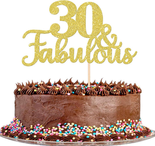 1 PCS 30 & Fabulous Cake Topper Gold Glitter 30th Birthday Anniversary Cake Pick Decoration for 30th Birthday Wedding Anniversary Party Decorations Happy 30th Birthday Cake Decorations Supplies