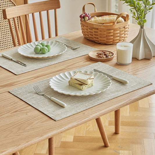Softalker Faux Linen Placemats Set of 12-12 x 18 Inch, Heat Resistant Double Layered Durable Burlap Farmhouse Place Mats, Non-Slip Washable Rustic Table Mats for Dining, Kitchen, Party（Beige