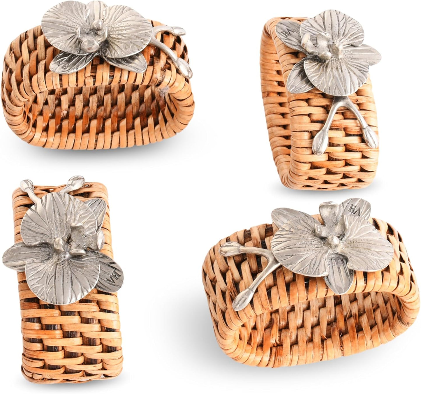 Vagabond House Natural Eco-Friendly Pewter Orchid on Rattan Napkin Rings - Designer Rattan Decor, House Naturals - Easy Care, Refined Tablescape Set of 4