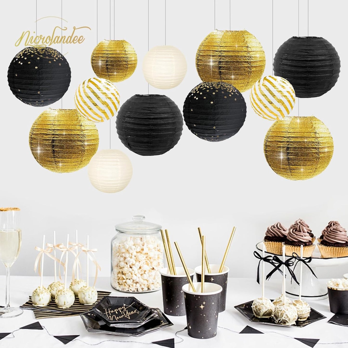 NICROLANDEE Black Gold Party Supplies - 12PCS Black and Gold Metallic Foil Paper Lanterns Decorative for Wedding, Graduation, Birthday, Baby Shower, Retirement, New Years Eve Party 2026