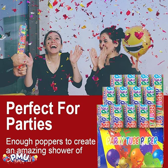 PMU Cannons Party Poppers - Confetti Blaster for Drive-by Birthdays-Celebrations, Graduation, Wedding, Christmas, New Year’s Eve - Party Poppers Confetti Shooters - 12 inch, Pkg/12