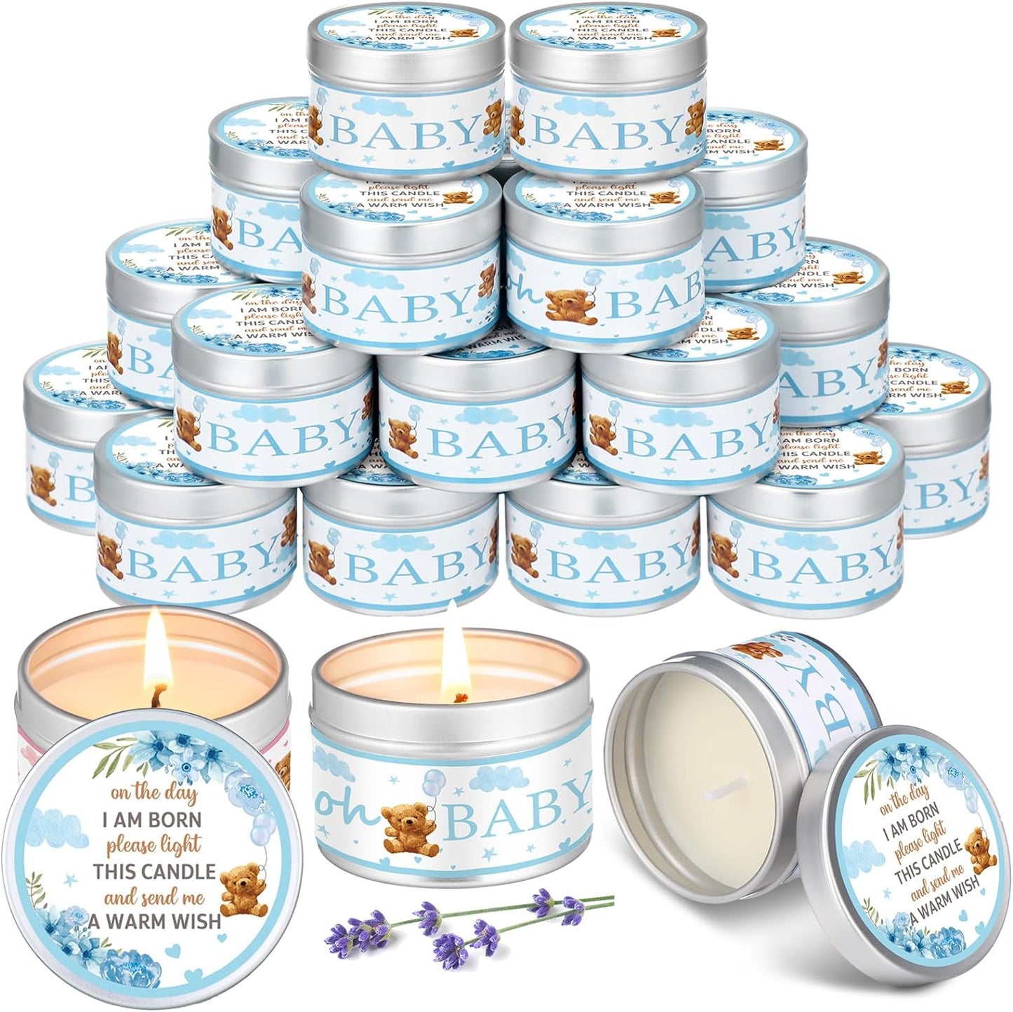 MTLEE 24 Pcs Bear Baby Shower Party Favors Candles Lavender Scented Baby Shower Favors for Guests Rustic Tealights Candles Gender Reveal Return Gifts Girl Boy(1.2 Oz, Blue)