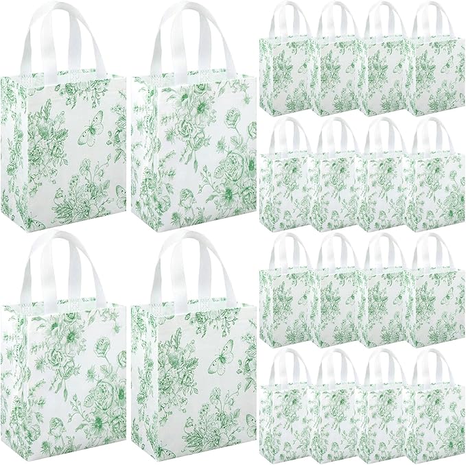 Wovnet 30 Pcs Green Floral Gift Bags Bulk Reusable Non Woven Vintage Floral Tote Treat Goodie Candy Bags with Handle Spring Flowers Party Favors Pouch for Holiday Wedding Party Decor 10 x 8 x 4 Inch