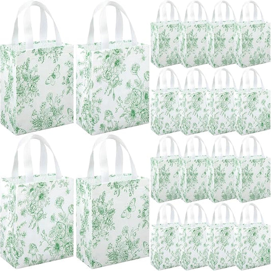 Wovnet 30 Pcs Green Floral Gift Bags Bulk Reusable Non Woven Vintage Floral Tote Treat Goodie Candy Bags with Handle Spring Flowers Party Favors Pouch for Holiday Wedding Party Decor 10 x 8 x 4 Inch