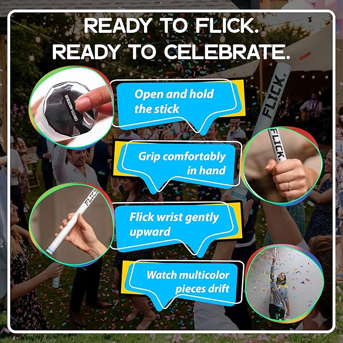 Ultimate Confetti - 8 Pack Multicolor Confetti Wands - Handheld 14" Biodegradable Tissue Paper Confetti Flick Sticks For Wedding, Birthday, Parties & Live Events - 2 Handfuls, 1.5 oz Each Stick