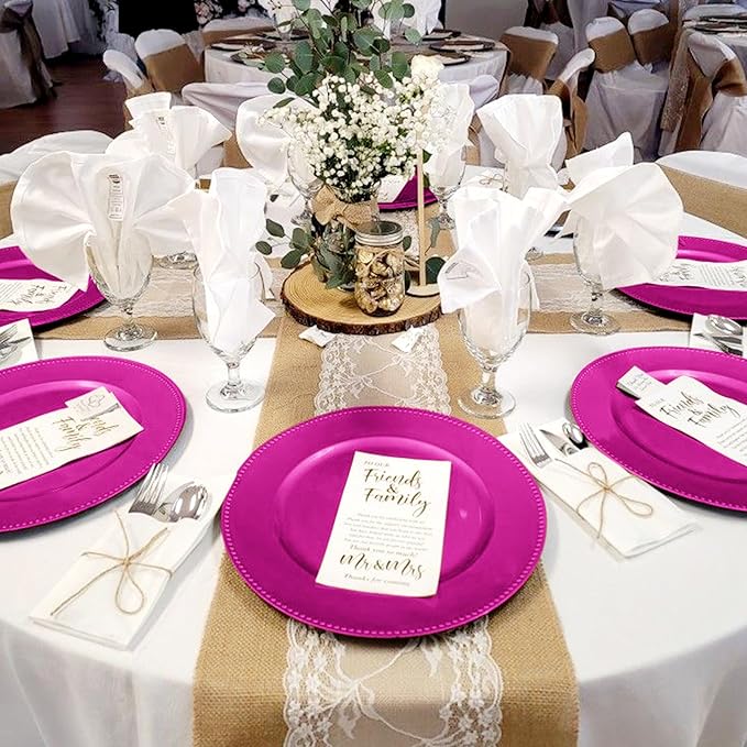 24 Pcs Hot Pink Charger Plates, 13" Round Beaded Decorative Dinner Chargers for Wedding, Holiday, Baby Shower & Event Decoration