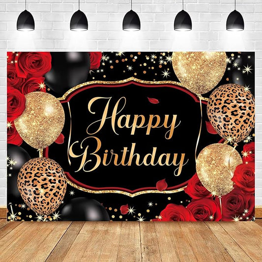 Homewelle Black Gold Happy Birthday Backdrop Polyester Fabric 7Wx5H Feet Red Rose Leopard Balloons Party Banner 30th 40th 50th Event Abstract Celebration Photography Backgrounds Photo Shoot Props