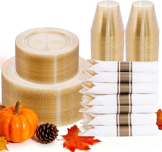 DaYammi 210PCS Gold Glitter Plastic Dinnerware Set for 30 Guests, Fancy Disposable Plates for Party, Include: 30 Dinner Plates, 30 Dessert Plates, 30 Pre Rolled Napkins with Gold Silverware, 30 Cups