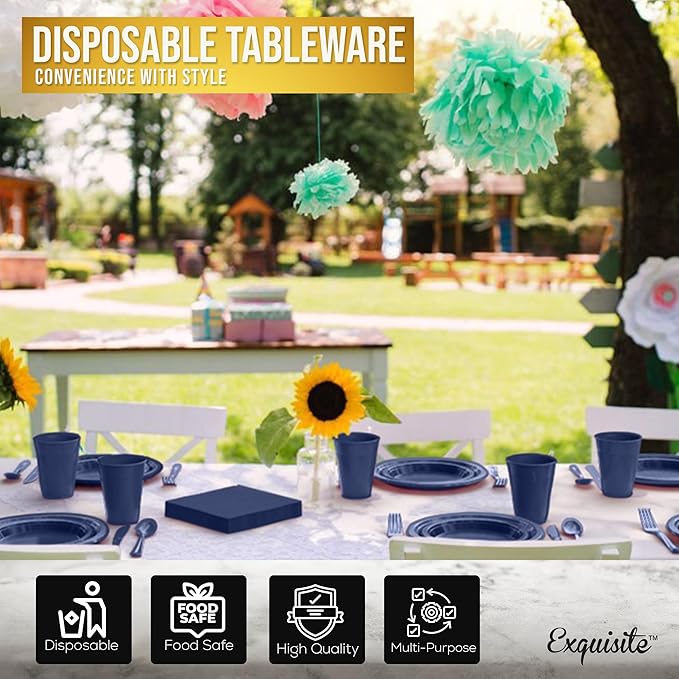 350 Pcs Navy Plastic Plates For Party, Navy Disposable Plates Set, 50 Of Each 9" Dinner Plate Set, 7" Dessert Plate, Cups, Napkins & Cutlery Plastic Dinnerware Exquisite