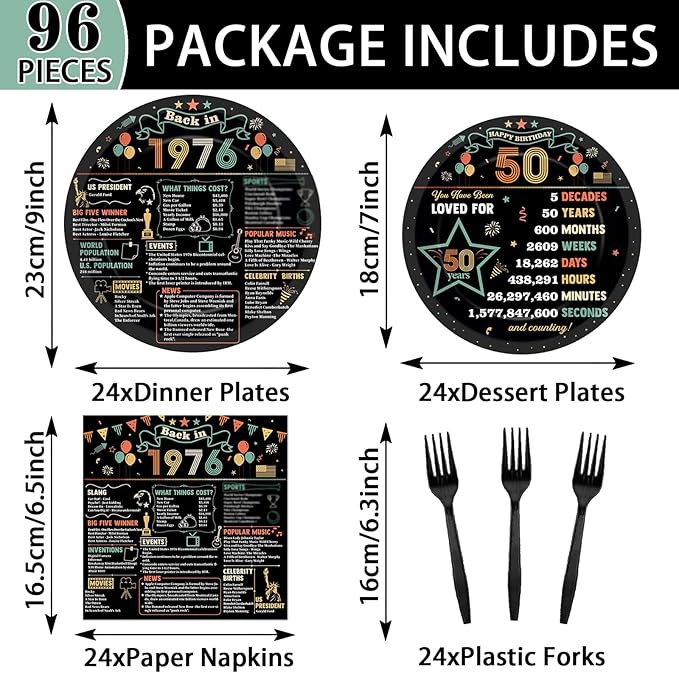 96Pcs 50th Birthday Party Paper Plates and Napkins 50th Birthday Supplies for Men and Women Disposable Dessert Plates Back in 1976 Colorful Tableware 1976 Birthday Gatherings Decorations