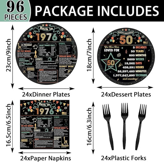 96Pcs 50th Birthday Party Paper Plates and Napkins 50th Birthday Supplies for Men and Women Disposable Dessert Plates Back in 1976 Colorful Tableware 1976 Birthday Gatherings Decorations