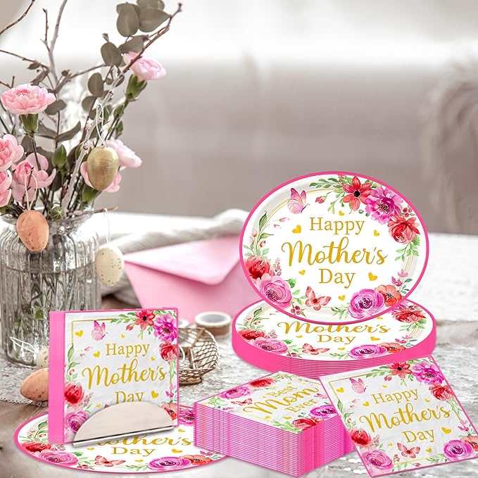 Mothers Day Party Decorations,100pcs Oval Mother's Day Plates and Napkins Floral Disposable Mother Day Tableware Set for Happy Mothers Day Party Supplies,Serve 50