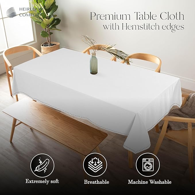 White Tablecloth, 100% Cotton, Tabletop 52x70 Inch, Fits 4-6 Seats, Durable, Washable, Rectangle Table Cloth for Dining, Weddings, Holiday Celebrations, Elegant Décor, All Seasons