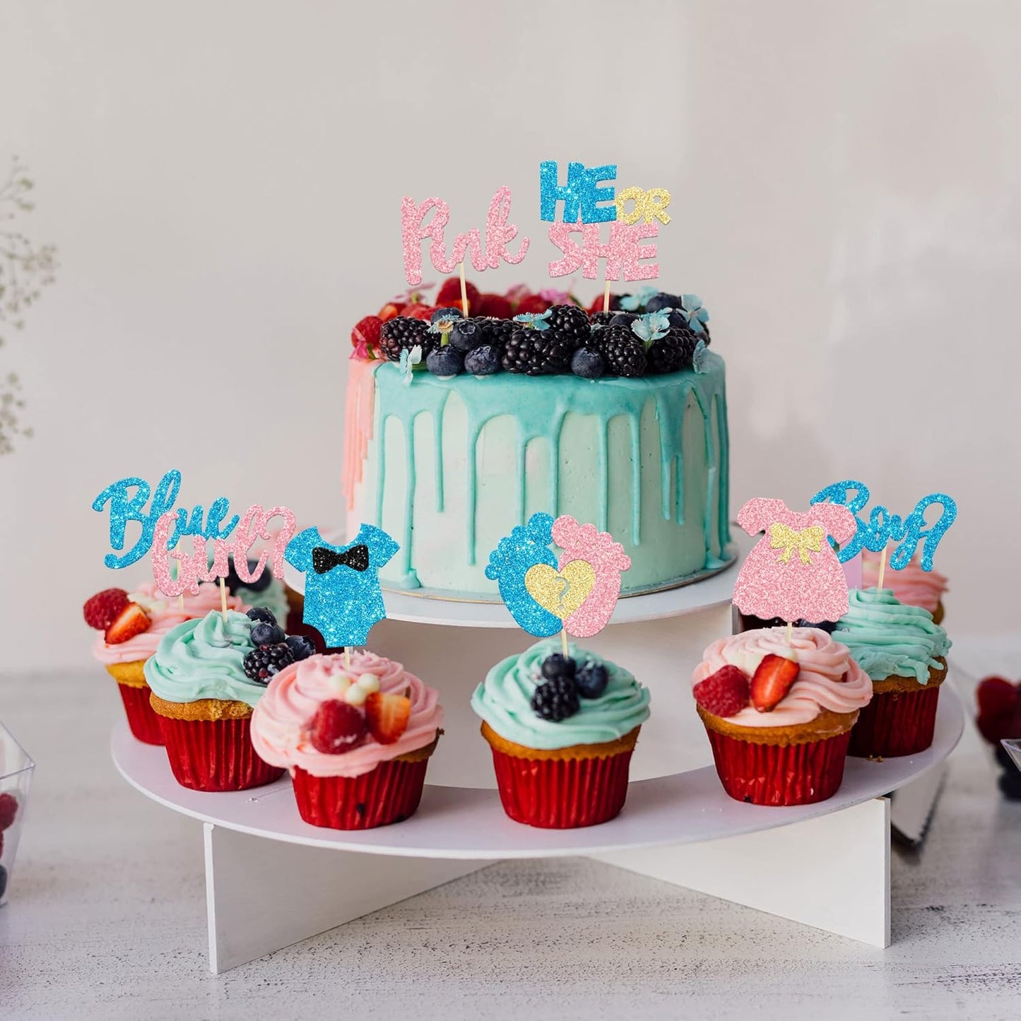 24Pcs Boy or Girl Cupcake Toppers Glitter Feet Onesie Dress Gender Reveal Cupcake Picks Pink or Blue Cake Decorations for Baby Shower Gender Reveal Kids Birthday Party Supplies