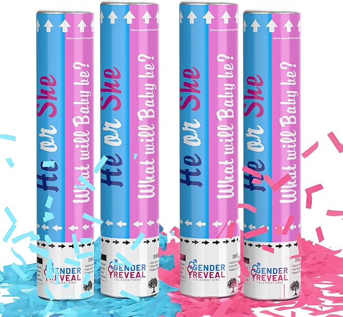 POPUPARTY 4 Pack Gender Reveal Confetti Cannon | 2 Pink & 2 Blue - Biodegradable Confetti Party Supplies Poppers, Ideal for Baby Boy or Girl Gender Reveal Decoration