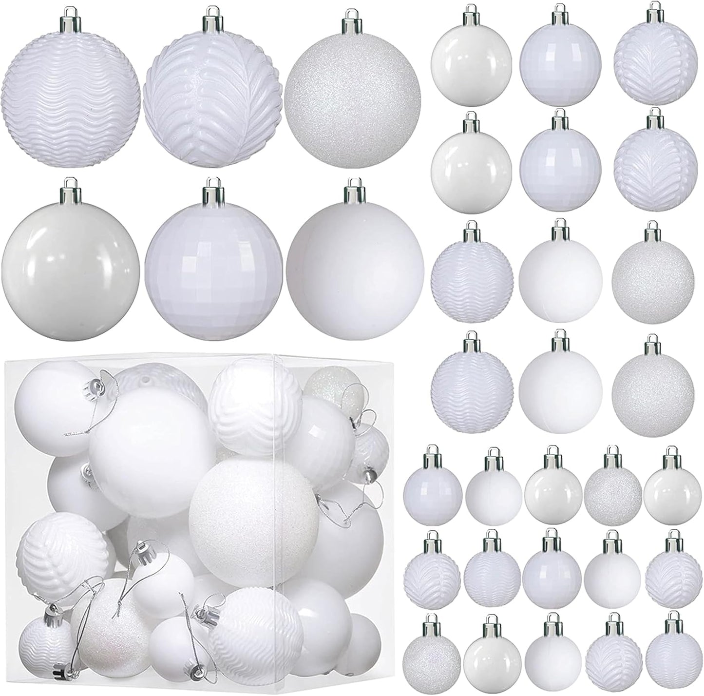 Prextex 36pc Shatterproof White Christmas Balls Ornament Set - Festive Christmas Tree Ornaments in 3 Different Sizes and 6 Styles - Holiday Decoration with Hanging Loops for Tree, Wreath, Party Decor