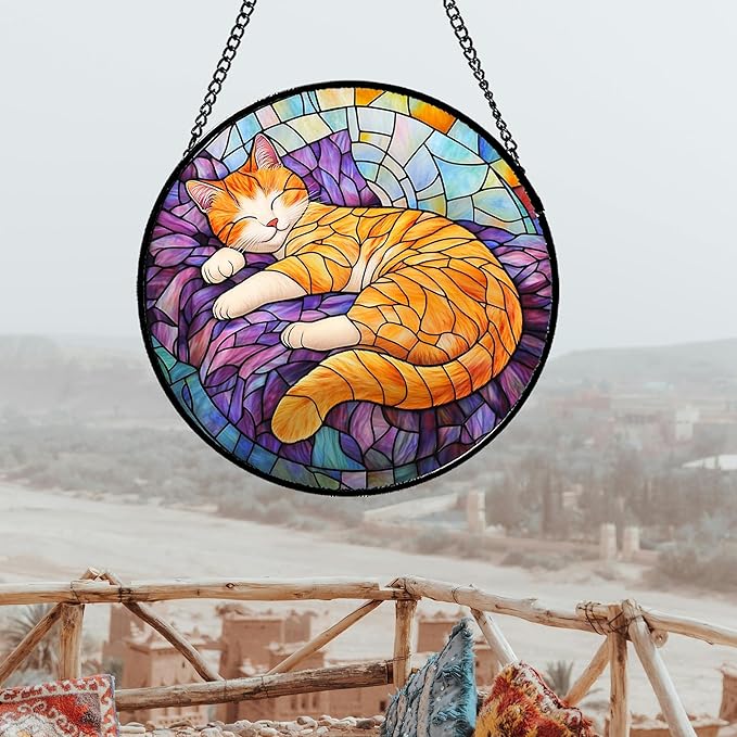 Stained Glass Window Hanging Sleeping Orange Cat 9.8" - Memorial Gift Suncatcher Door Sun Catcher Decor Birthday Christmas for Lost Pets Mom Men Woman Friend