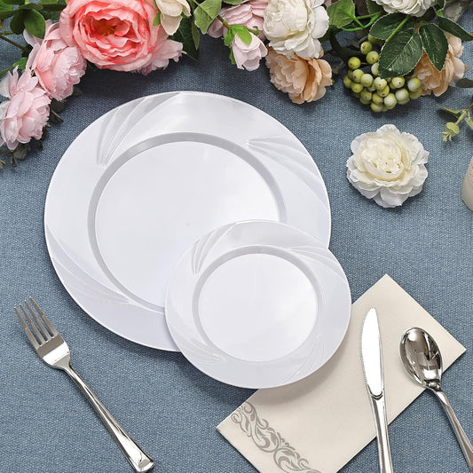 700-Piece White Swirls Plastic Dinnerware Set for 100 Guests, Elegant Disposable Dinnerware for Party, Wedding. Includes 10.25" Dinner Plates, 6.5" Dessert Plates, Silverware, Napkins, Cups