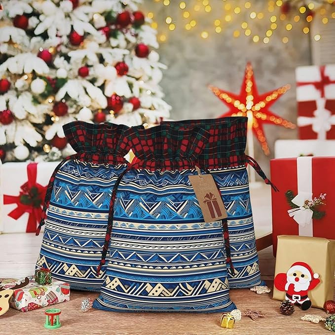 PULaif Blue Polynesian Maori Tribal Print Christmas Drawstring Gift Bags, Large Size Christmas Bags For Gifts Party Favors, Xmas Gift Bags