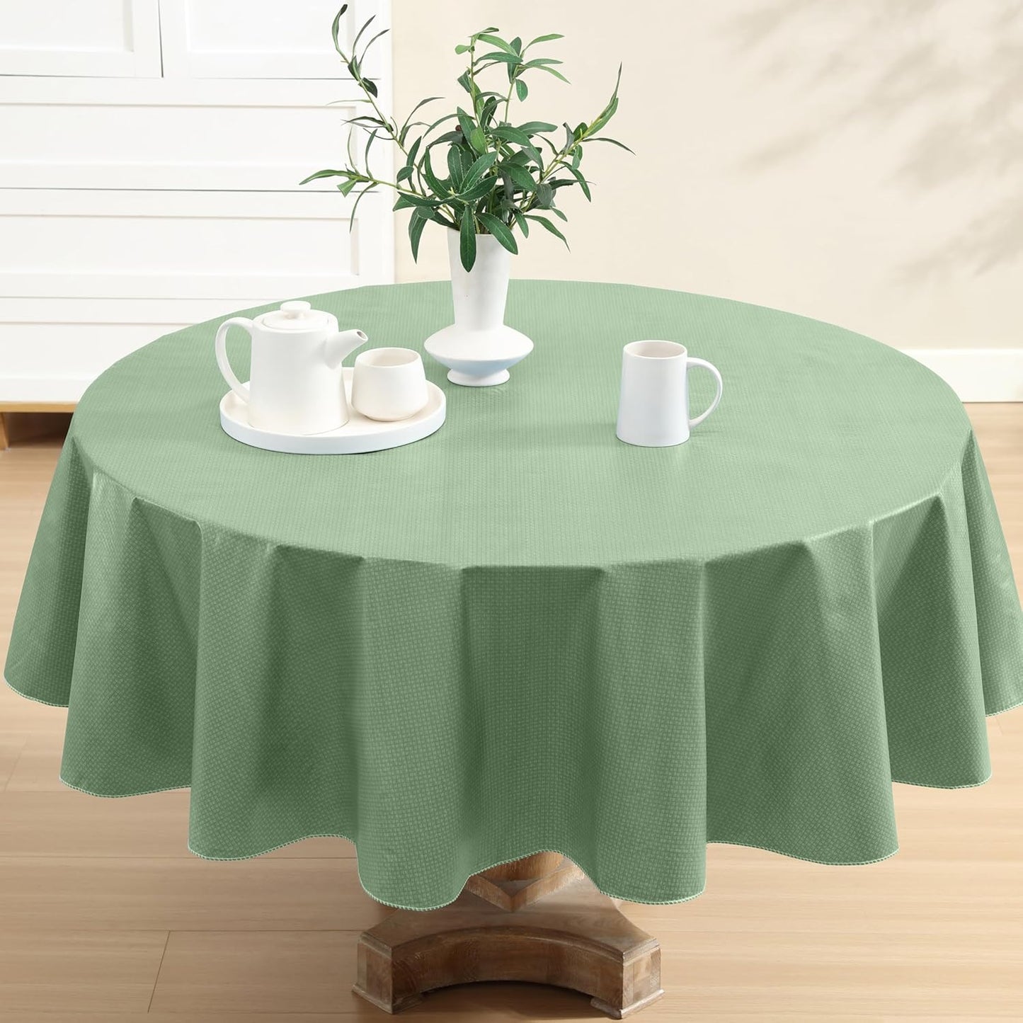 Newbridge Basketweave Vinyl Flannel Backed Tablecloth, 70 Inch Round, Sage Green, Basket Weave Textured Indoor Outdoor Waterproof Table Cover for Patio, Kitchen, Dining