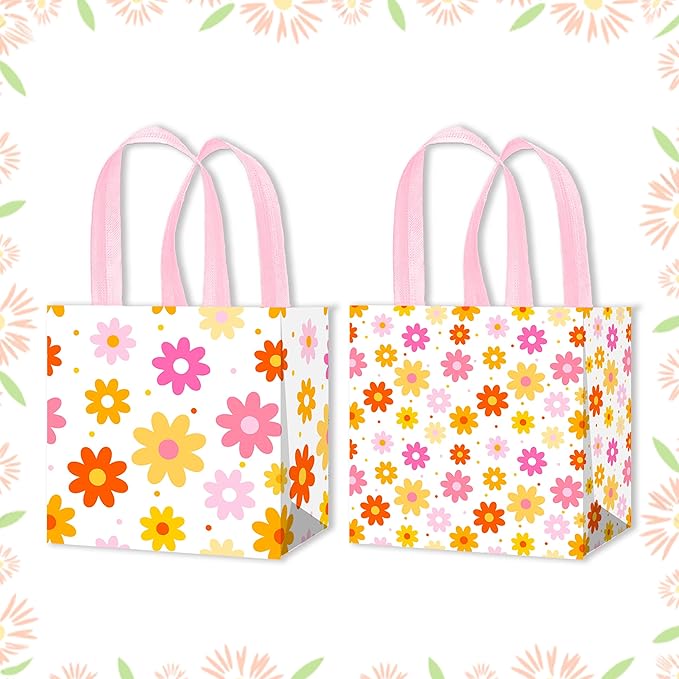iPartyFun 12pcs Daisy Theme Gift Treat Bags with Handles Groovy Spring Flower Non-Woven Tote Bags 70s Groovy Hippie Chrysanthemum Daisy Decorations for Spring Summer Flower Birthday Wedding Supplies