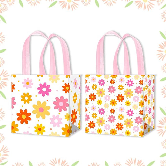 iPartyFun 12pcs Daisy Theme Gift Treat Bags with Handles Groovy Spring Flower Non-Woven Tote Bags 70s Groovy Hippie Chrysanthemum Daisy Decorations for Spring Summer Flower Birthday Wedding Supplies