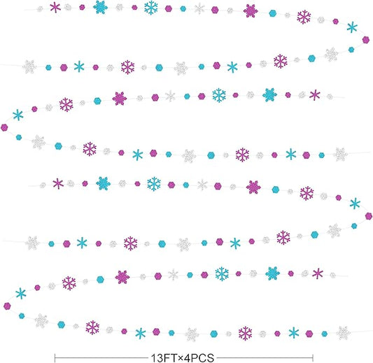 52 Ft Snowflakes Party Decorations Silver Purple Blue Glitter Paper Snowflakes Garland Streamer for Winter Wonderland Christmas Holiday Frozen Birthday Wedding Baby Shower Bridal Shower Party Supplies