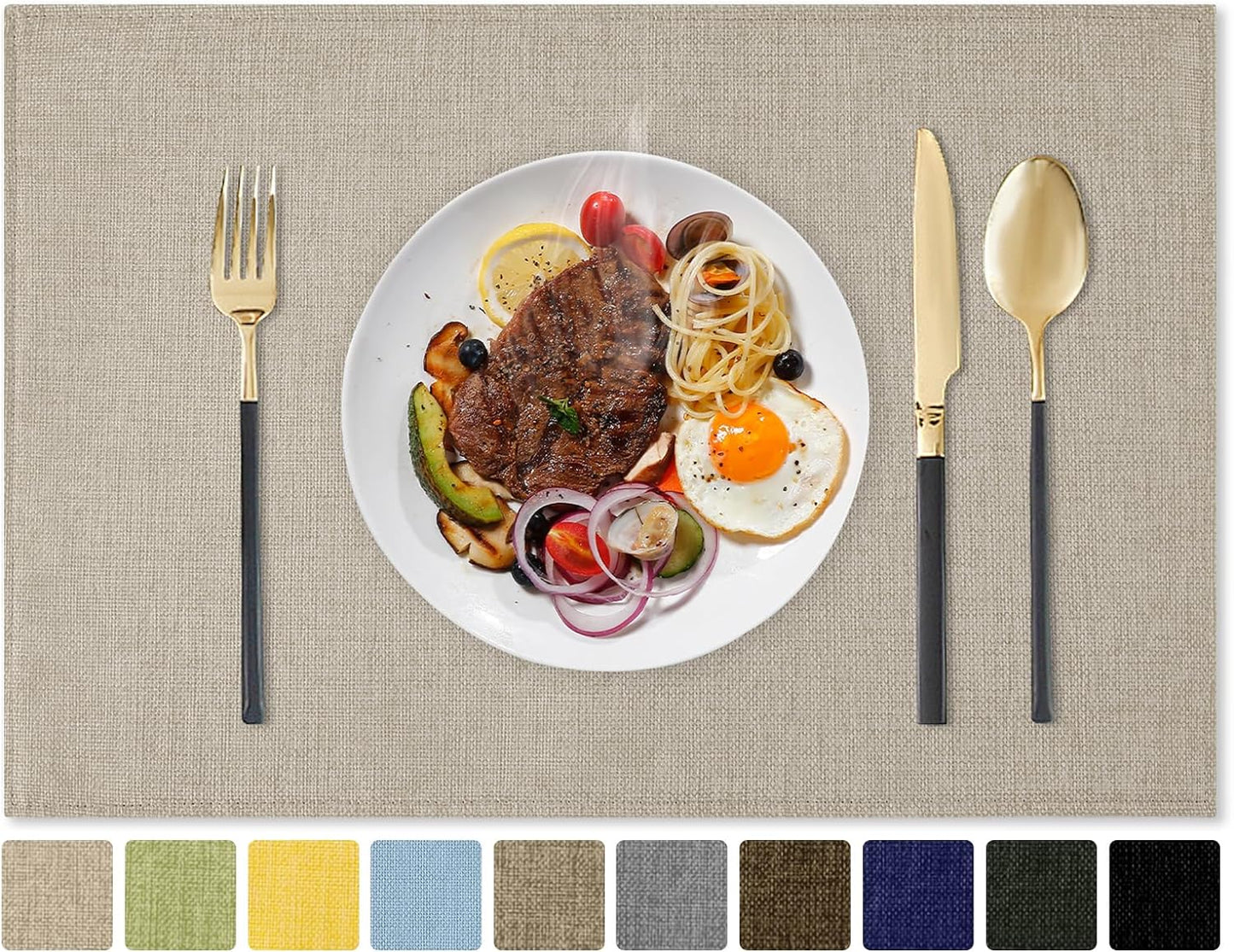 Romanstile Cloth Placemats Set of 4-12 x 18 Inch, Heat Resistant Double Layered Thickened Burlap Place Mats, Washable Faux Linen Farmhouse Table Mats for Kitchen/Dining/Party/Outdoor, Beige