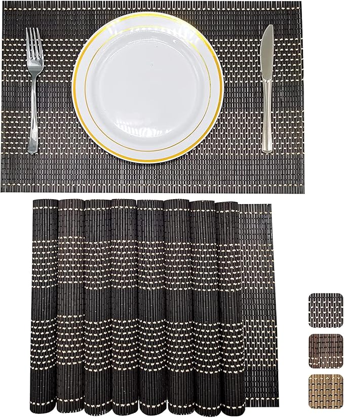 ANDSTAR Set of 8 Pcs Bamboo Placemats Natural Anti-Slip Bamboo Placemats Washable Heat-Resistant Table Mats for Dining Room and Kitchen (Black+White)