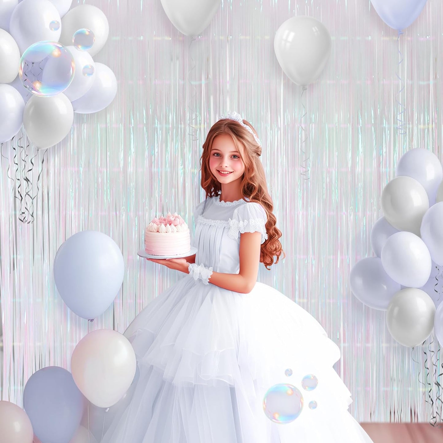 8 Pack White Party Streamers Backdrop Curtains, 3.3x8.2ft Holographic Tinsel Foil Curtain Photo Booth Props for Birthday, Wedding, Holiday Celebration, Bachelorette, Theme Decorations