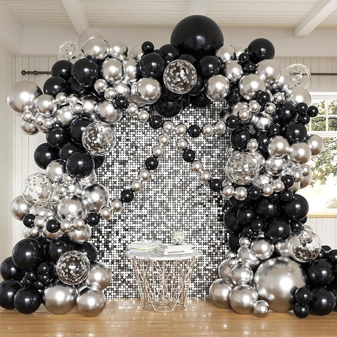 Black and Silver Balloons Arch Kit, 162pcs Different Sizes with Black Metallic Silver Confetti Balloons for Prom Anniversary Birthday 2025 Graduation Party Decorations