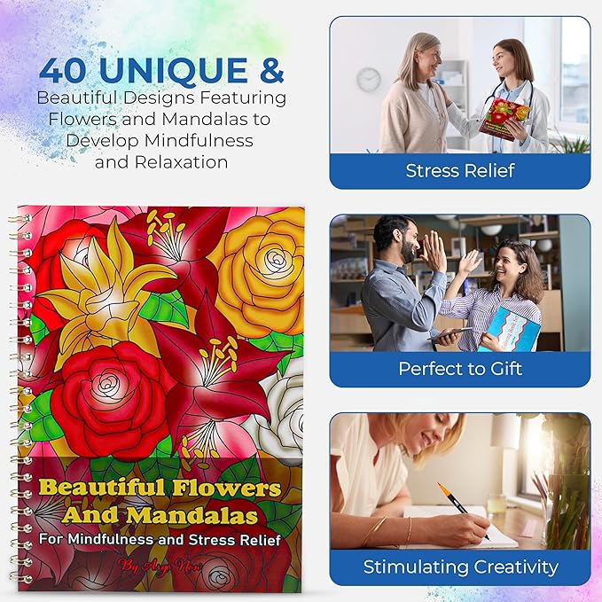 Adult Coloring Book for Women – 40 Mandala and Flowers Designs - Adult Coloring Book Spiral Bound for Adults Relaxation, Stress Relief Gift Set