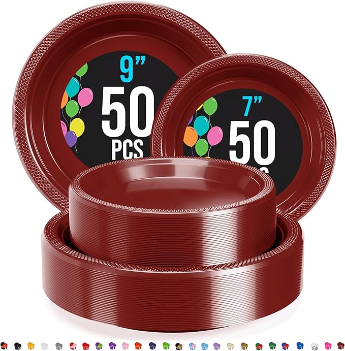 Party Solids Burgundy Plastic Plates For Party Supplies, Burgundy Disposable Plates 100 Pieces - 50-7" & 50-9" Heavy Duty 350 GSM Disposable Dinnerware Sets, Plastic Dinnerware Sets