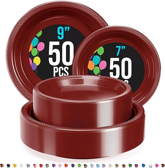 Party Solids Burgundy Plastic Plates For Party Supplies, Burgundy Disposable Plates 100 Pieces - 50-7" & 50-9" Heavy Duty 350 GSM Disposable Dinnerware Sets, Plastic Dinnerware Sets