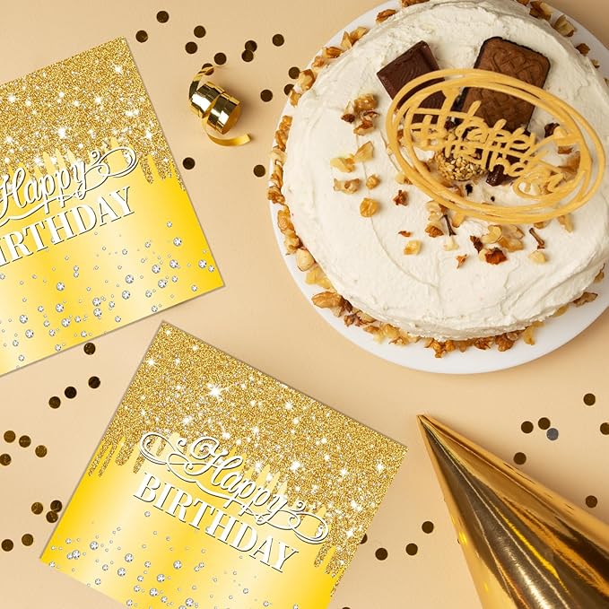 40pcs Happy Birthday Napkins Gold Happy Birthday Decorations for Women and Girls Disposable Paper Sparkle Diamond Gold Napkins for Birthday Wedding Anniversary Baby Shower Party Decor