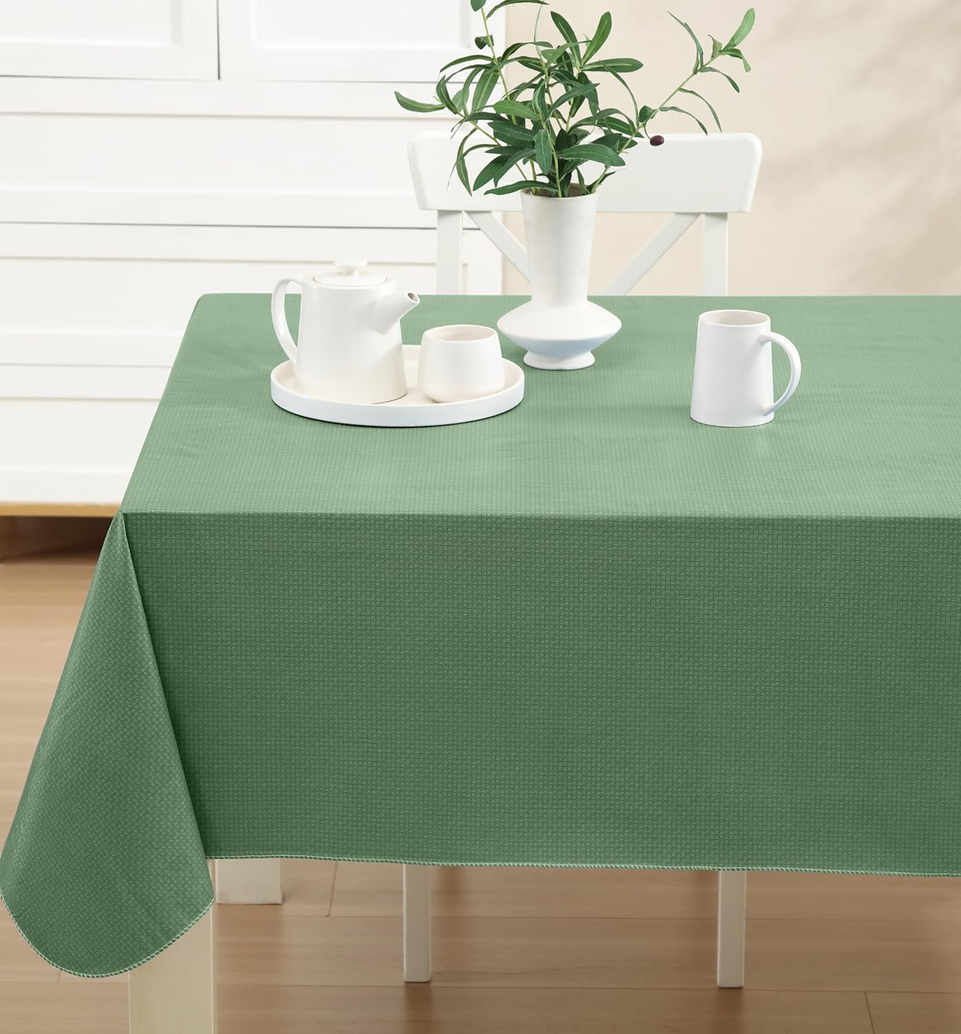 Newbridge Basketweave Vinyl Flannel Backed Tablecloth, 60 x 120 Inch Rectangle, Sage Green, Basket Weave Textured Indoor Outdoor Waterproof Table Cover for Patio, Kitchen, Dining