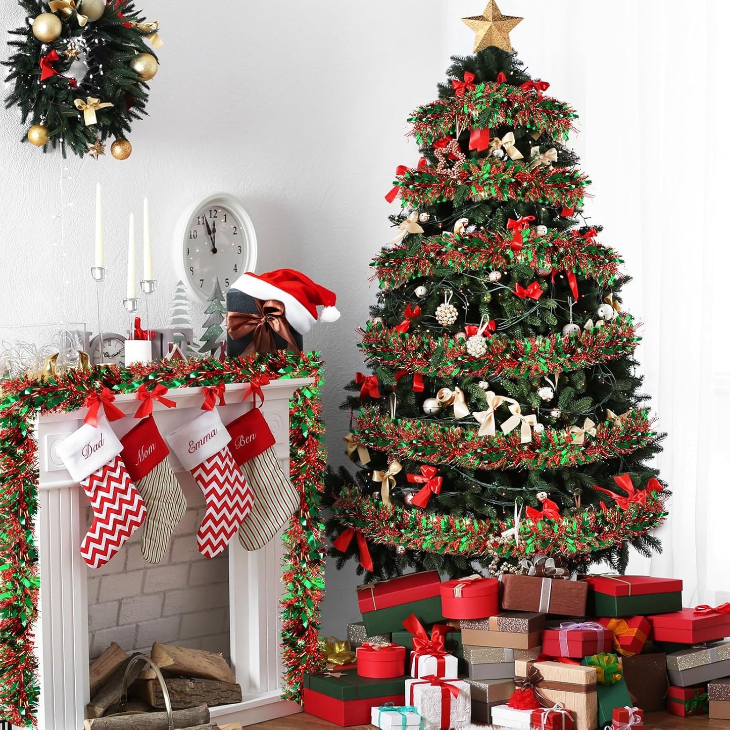 50 Feet Christmas Tinsel Garland Metallic Tinsel Garland Christmas Tree Decorations for Christmas Party Supplies Indoor and Outdoor Decor (Red and Green)