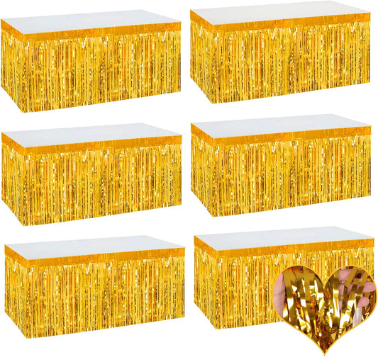 6 Pack 29x108 Inch 2024 New Year Metallic Foil Fringe Table Skirts Banner for Tinsel Streamer Garland Curtains Backdrop for Parade Floats Wedding Baby Shower Birthday Party Decoration Gold